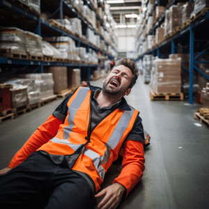 A man in pain after herniating a disc in a warehouse building