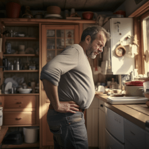 A man standing holding his back in pain in his kitchen