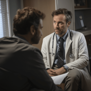 A doctor talking to a patient in the doctors office