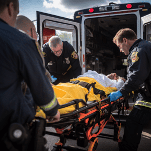 Emergency medical technicians loading an injured person on a stretched into an ambulance