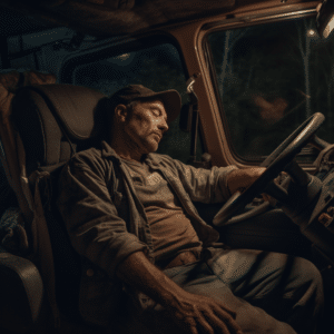 A logging truck driver asleep at the steering wheel on the highway at night
