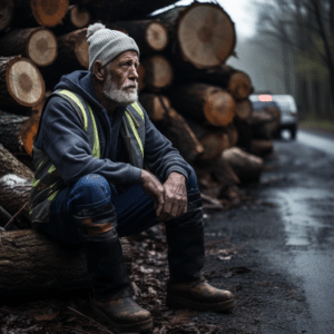 A logging truck driver sitting on a pile of logs spilled onto the roadway