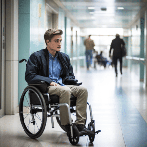 A young man sitting in a wheelchair in a Connecticut hospital 