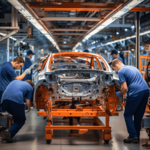 Factors workers assembling a car in a car factory 