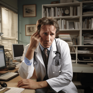 An upset and worried doctor sitting in his office