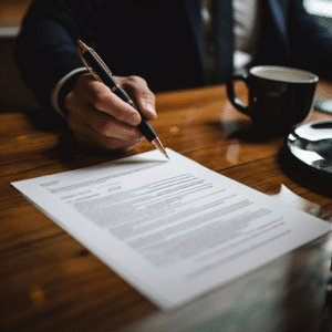 A lawyer pointing to specific contract details with a pen in hand