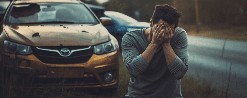 A man holding his face in his hands after being in a car accident