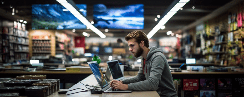 A man looking at a laptop in a tech store