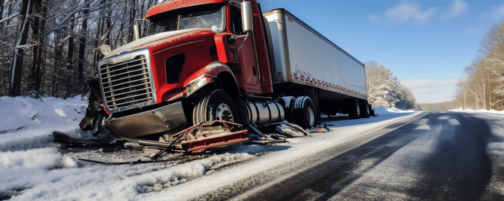 A semi-truck crashed on the side of snow covered Connecticut road