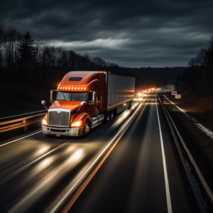 A semi-truck speeding on a Connecticut highway at night