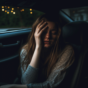 Woman holding head in pain in car