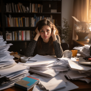A woman sitting at a table in her house overwhelmed with paperwork