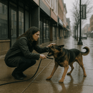 Woman trying to pacify her aggressive dog