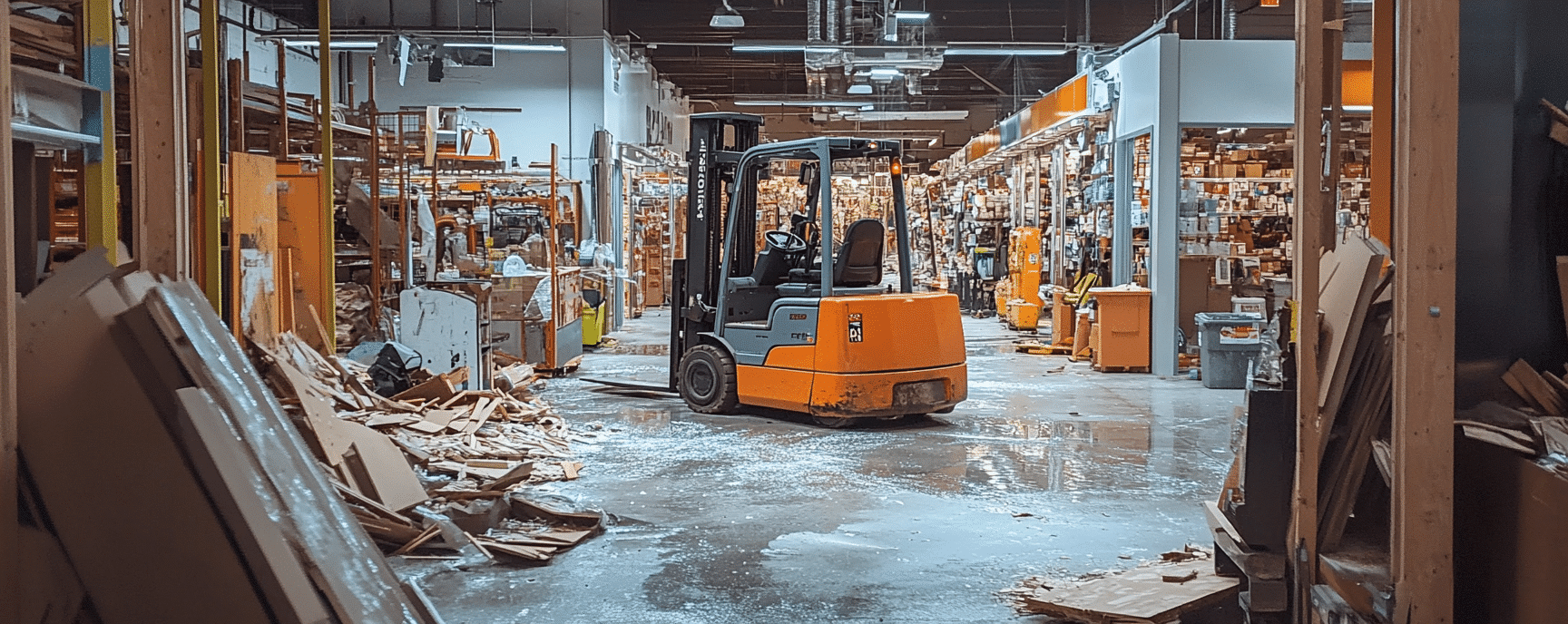 Damage after a forklift accident in a Home Depot