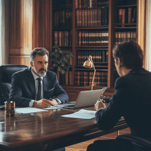 A lawyer explaining the dangerous drugs case to his client