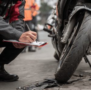insurance agent checking motorcycle after accident