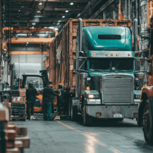 loaders loading a semi truck in a warehouse