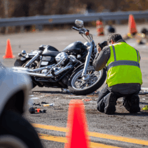 An accident scene investigator taking photos of the damaged Motorcycle