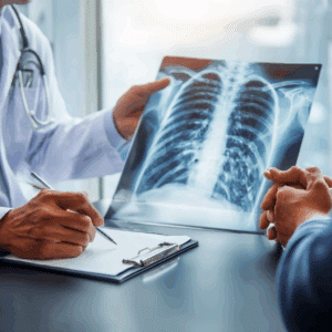 Doctor examining the X-ray of a rib pain patient 