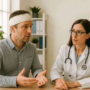 a patient discussing challenges in Brain Injury Disability Claims with the doctor in her clinic in Stamford