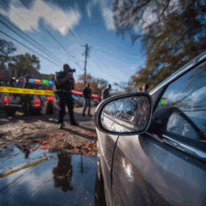 A car damaged by protestors, at the site of protest
