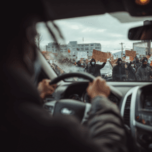 Driver tensed after protestors block his path