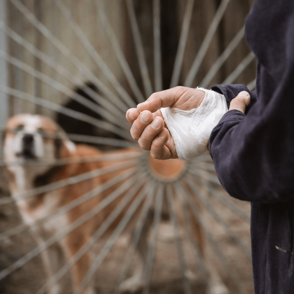 Bandaged hand with dog in the background
